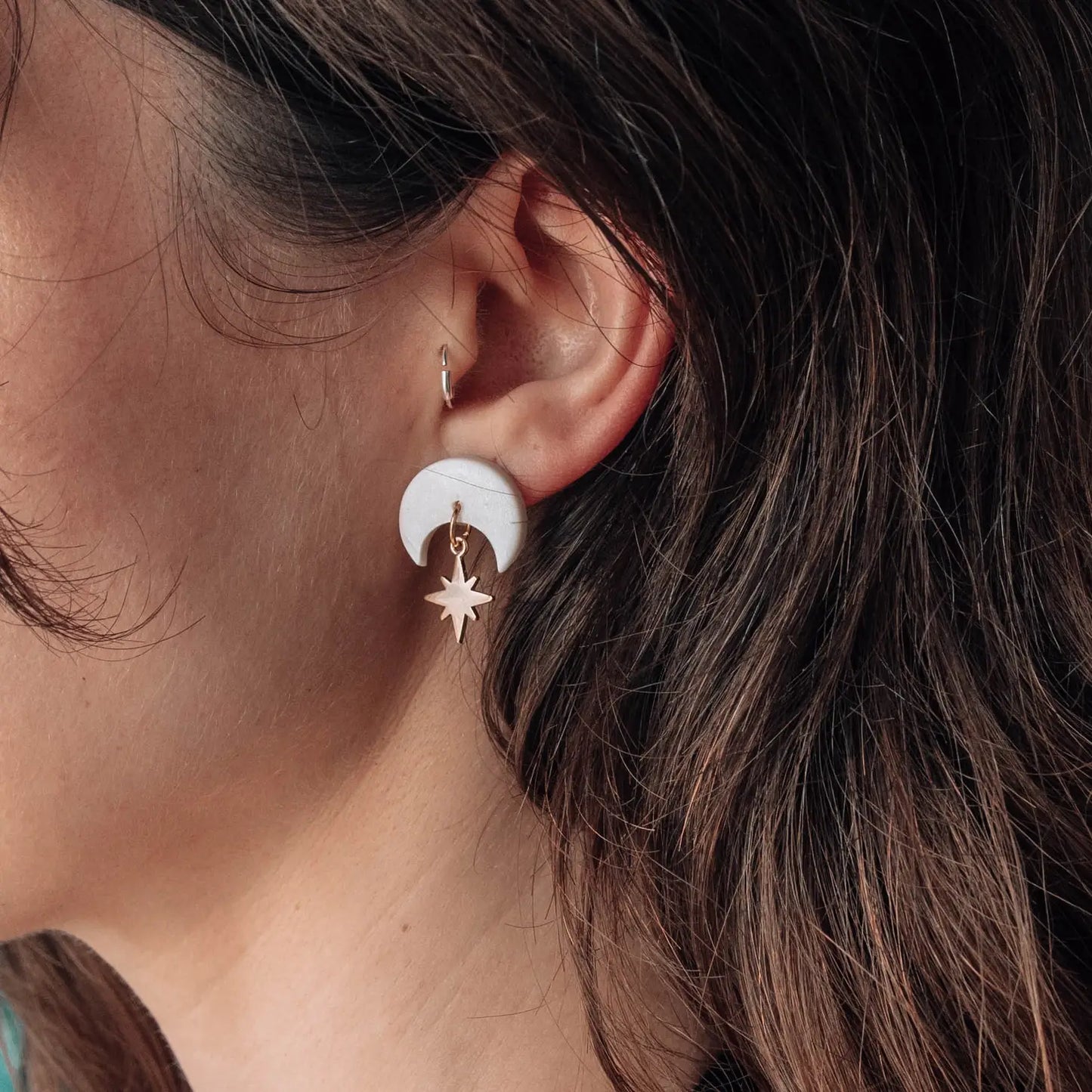 Celestial Gold Star Stud Earrings in Pearly White