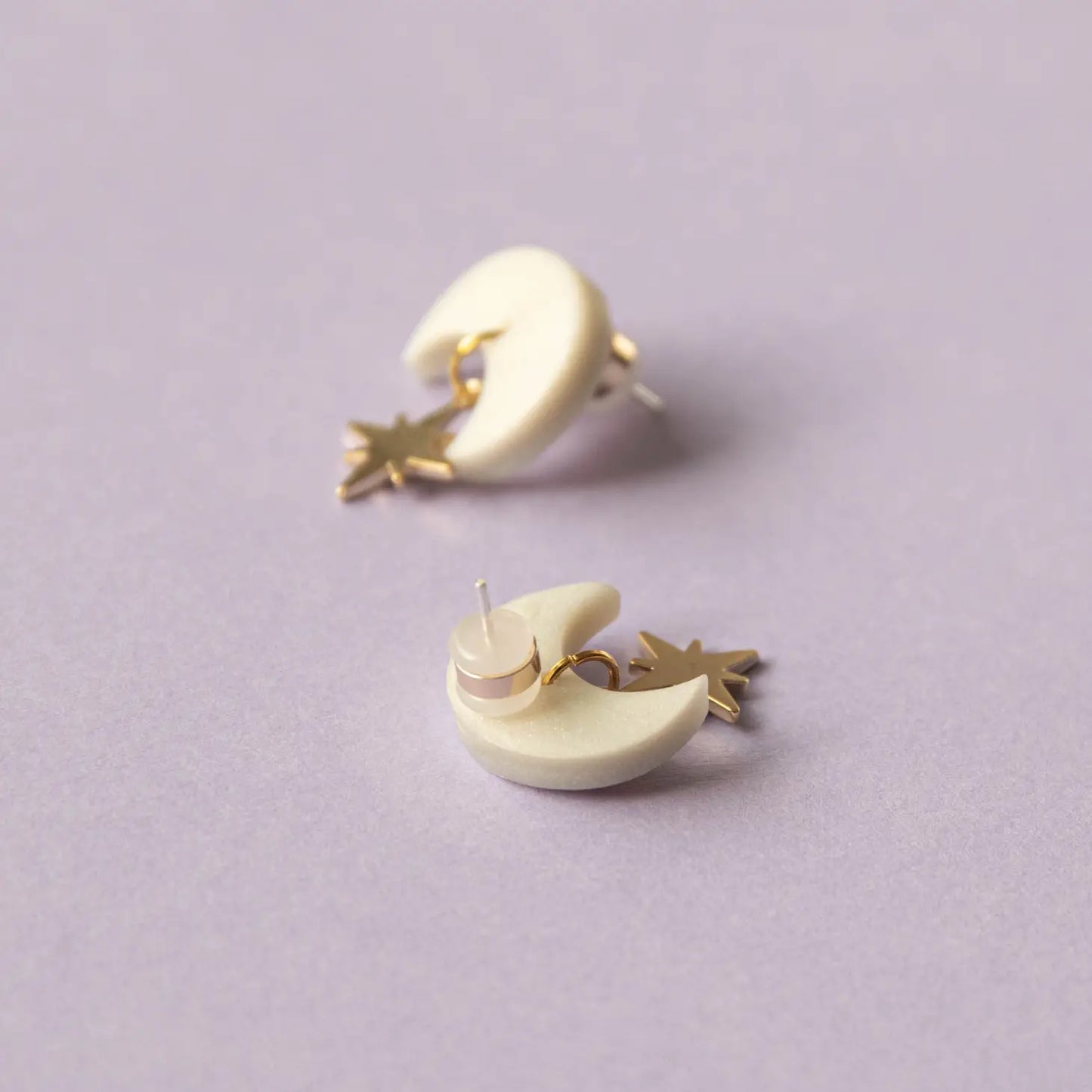 Celestial Gold Star Stud Earrings in Pearly White